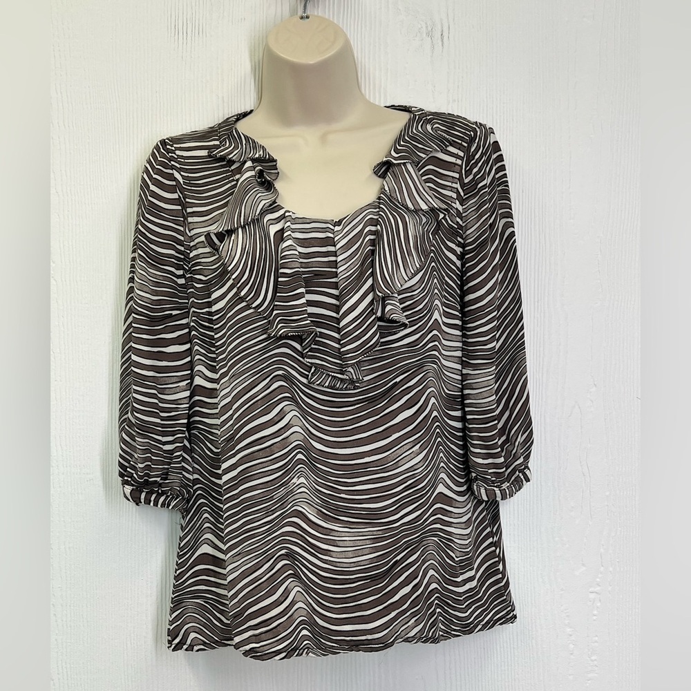 Tory Burch - Zebra 100 % Silk Brown Animal Print Ruffle Blouse Size 6